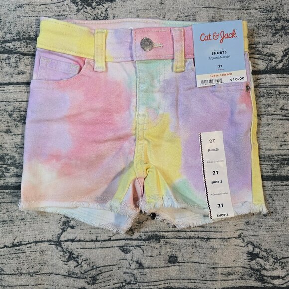 New NWT Cat & Jack Pastel Rainbow Tie Dye Jean Shorts Toddler Girl Size 2T - Picture 1 of 5